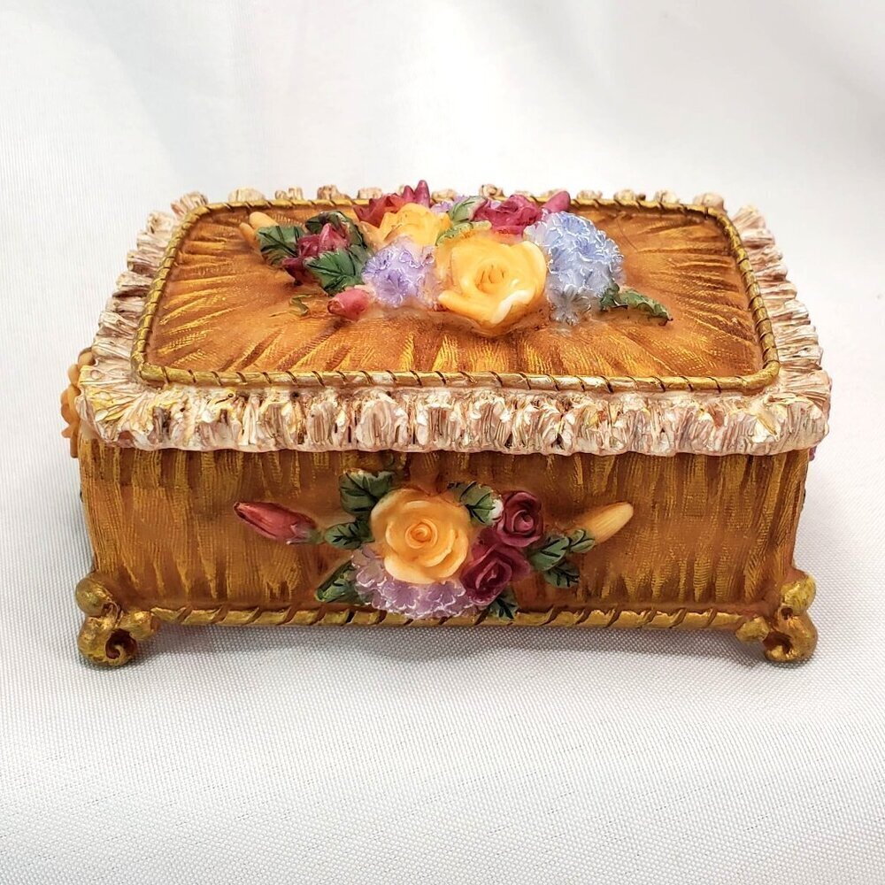 VTG Victorian Floral Jewelry Trinket Box With Raised Rose Design & Gold Accents - Picture 6 of 15